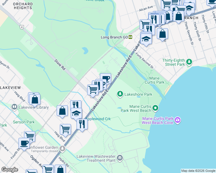 map of restaurants, bars, coffee shops, grocery stores, and more near in Mississauga