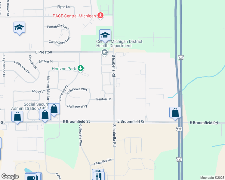 map of restaurants, bars, coffee shops, grocery stores, and more near 3780 South Isabella Road in Mount Pleasant