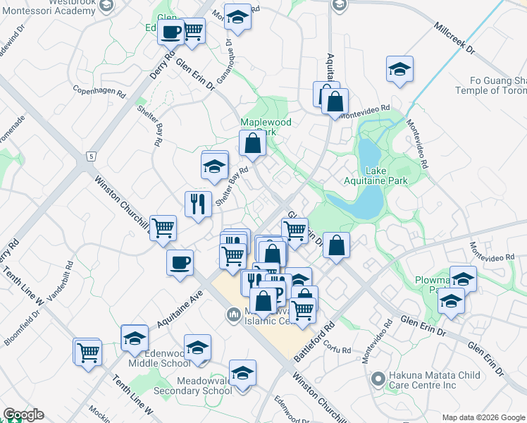 map of restaurants, bars, coffee shops, grocery stores, and more near 6720 Glen Erin Drive in Mississauga