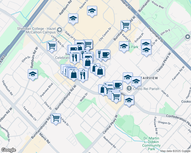 map of restaurants, bars, coffee shops, grocery stores, and more near 335 Webb Drive in Mississauga