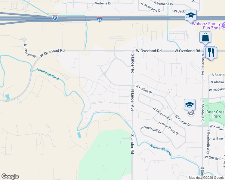 map of restaurants, bars, coffee shops, grocery stores, and more near 2138 South Knotty Pine Avenue in Meridian