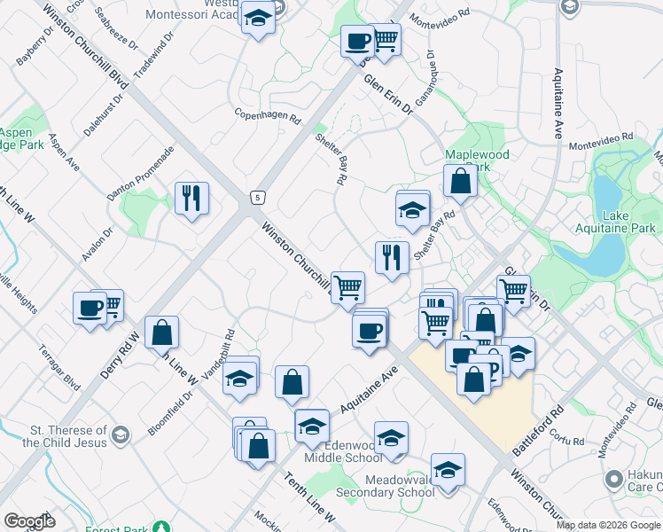 map of restaurants, bars, coffee shops, grocery stores, and more near 2931 Saint Malo Circle in Mississauga