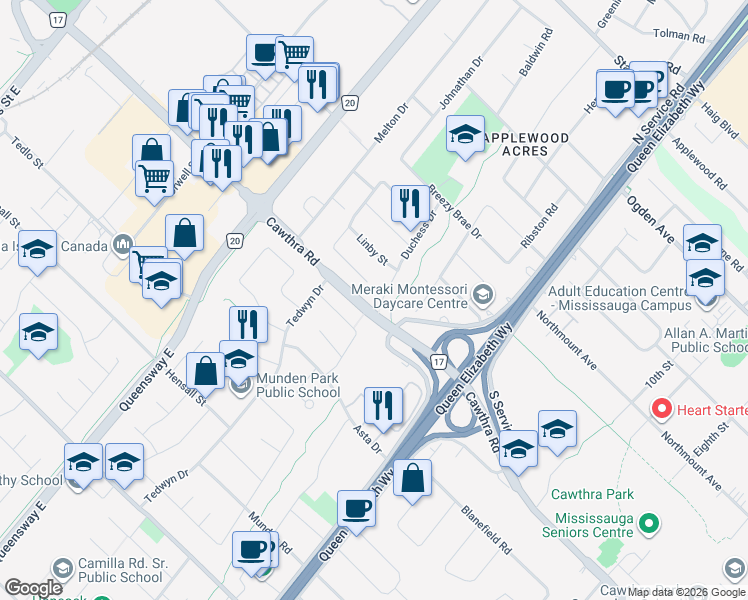 map of restaurants, bars, coffee shops, grocery stores, and more near 676 Abana Road in Mississauga