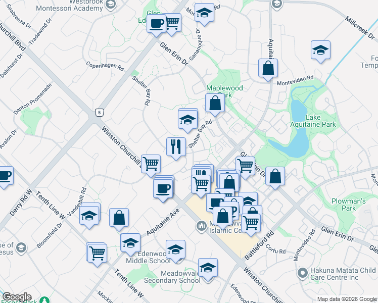 map of restaurants, bars, coffee shops, grocery stores, and more near 6780 Formentera Avenue in Mississauga