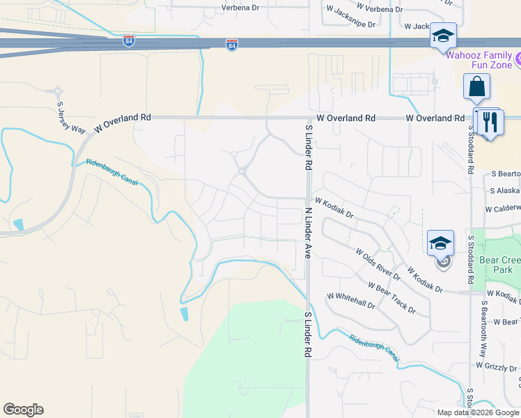 map of restaurants, bars, coffee shops, grocery stores, and more near 2138 South Knotty Pine Avenue in Meridian