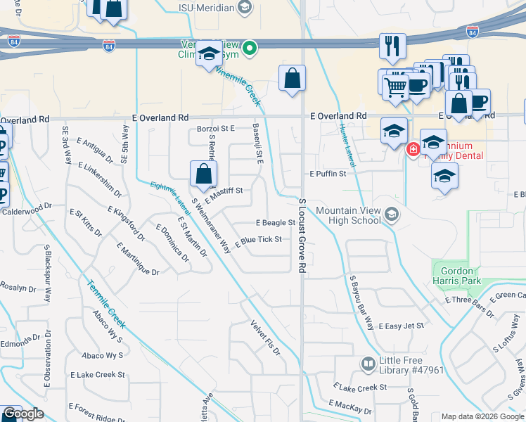 map of restaurants, bars, coffee shops, grocery stores, and more near 1359 East Beagle Street in Meridian