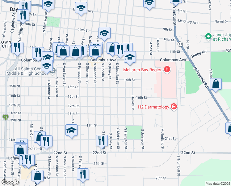map of restaurants, bars, coffee shops, grocery stores, and more near 1706 16th Street in Bay City