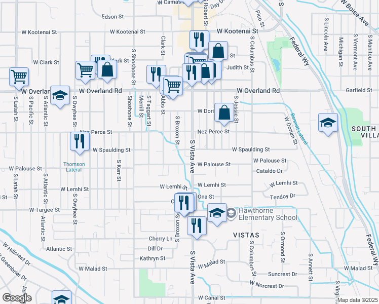 map of restaurants, bars, coffee shops, grocery stores, and more near 1985 South Vista Avenue in Boise
