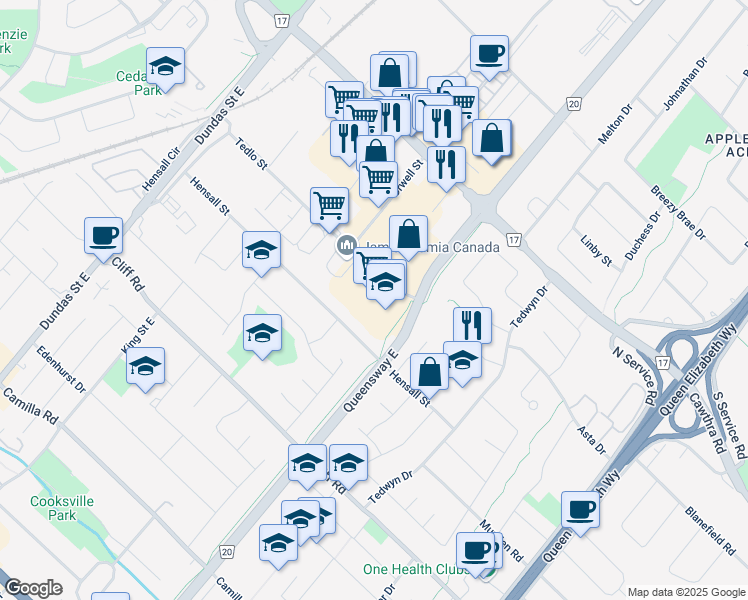 map of restaurants, bars, coffee shops, grocery stores, and more near 505 Queensway East in Mississauga
