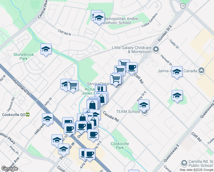 map of restaurants, bars, coffee shops, grocery stores, and more near 103 Whitchurch Mews in Mississauga
