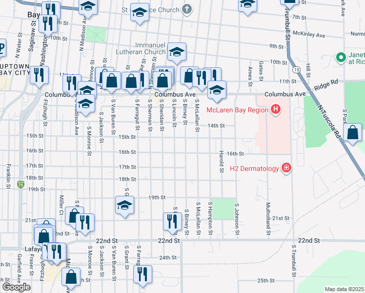 map of restaurants, bars, coffee shops, grocery stores, and more near 503 South Lincoln Street in Bay City
