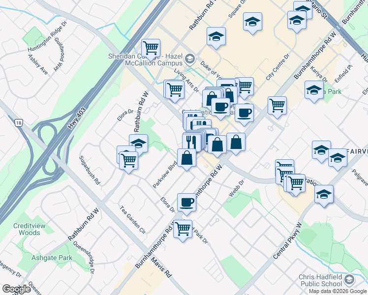 map of restaurants, bars, coffee shops, grocery stores, and more near 4085 Parkside Village Drive in Mississauga