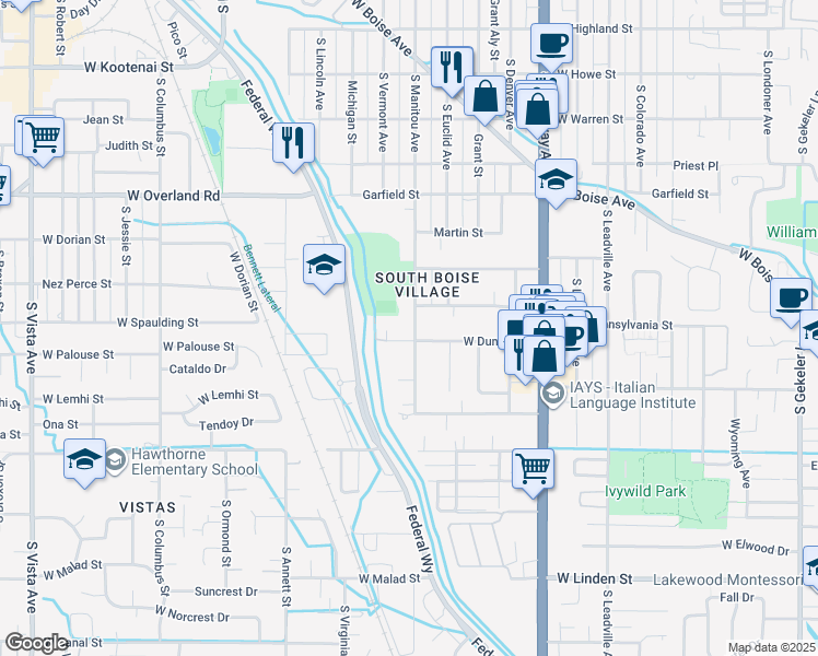 map of restaurants, bars, coffee shops, grocery stores, and more near 2101 South Manitou Avenue in Boise