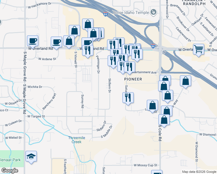 map of restaurants, bars, coffee shops, grocery stores, and more near 1943 South Ash Park Lane in Boise