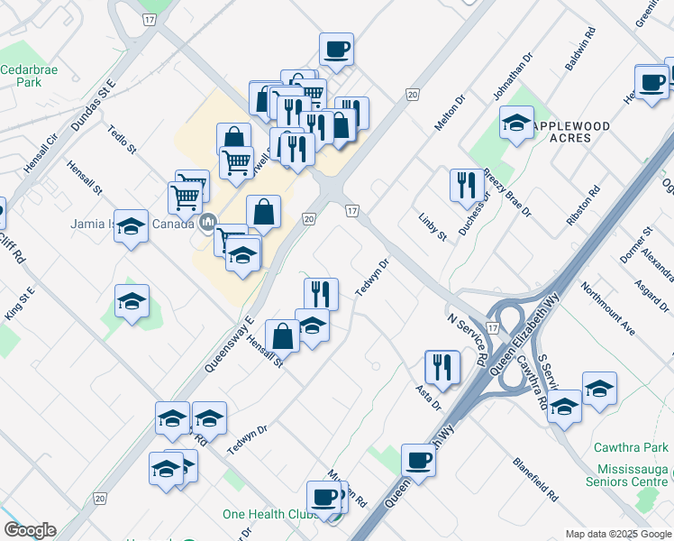 map of restaurants, bars, coffee shops, grocery stores, and more near 2422 Delkus Crescent in Mississauga