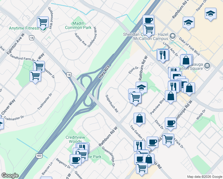 map of restaurants, bars, coffee shops, grocery stores, and more near in Mississauga
