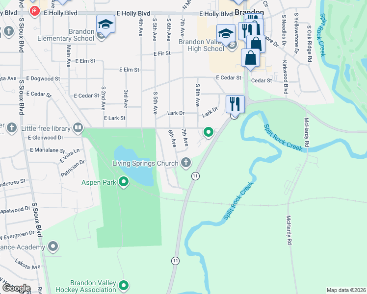 map of restaurants, bars, coffee shops, grocery stores, and more near 808 7th Aventh in Brandon