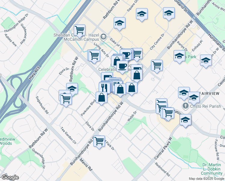map of restaurants, bars, coffee shops, grocery stores, and more near 4056 Confederation Parkway in Mississauga
