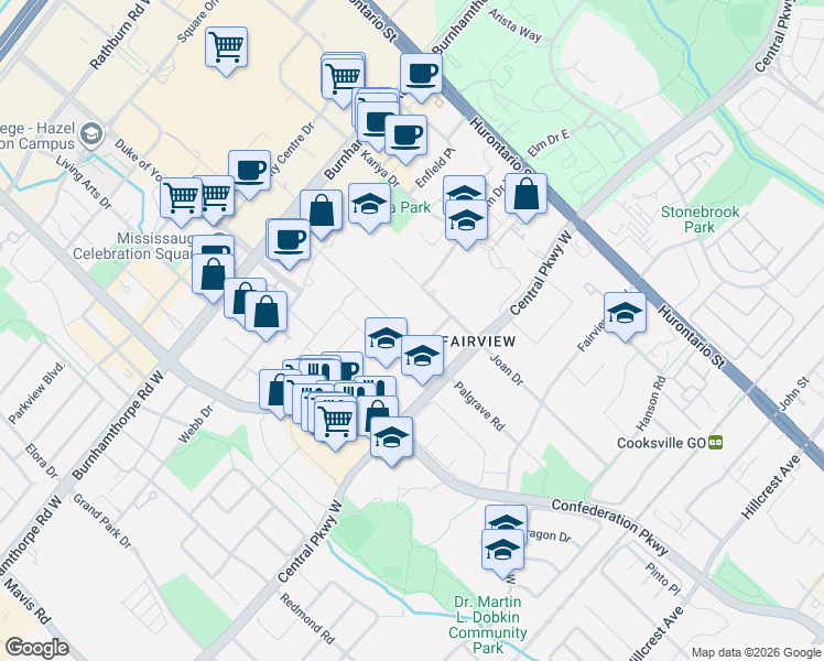 map of restaurants, bars, coffee shops, grocery stores, and more near 3519 Palgrave Road in Mississauga