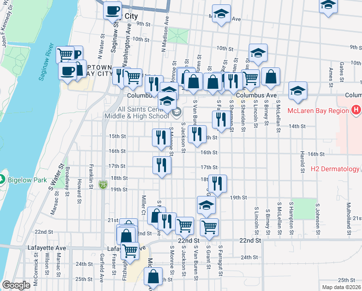 map of restaurants, bars, coffee shops, grocery stores, and more near 505 South Monroe Street in Bay City