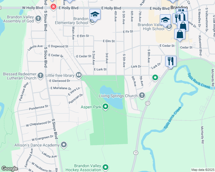 map of restaurants, bars, coffee shops, grocery stores, and more near 605 East Aspen Boulevard in Brandon