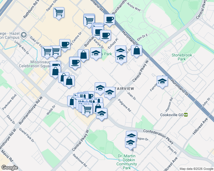 map of restaurants, bars, coffee shops, grocery stores, and more near 3519 Palgrave Road in Mississauga