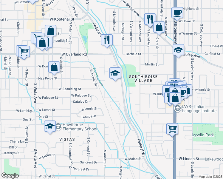 map of restaurants, bars, coffee shops, grocery stores, and more near 1710 West Spaulding Street in Boise