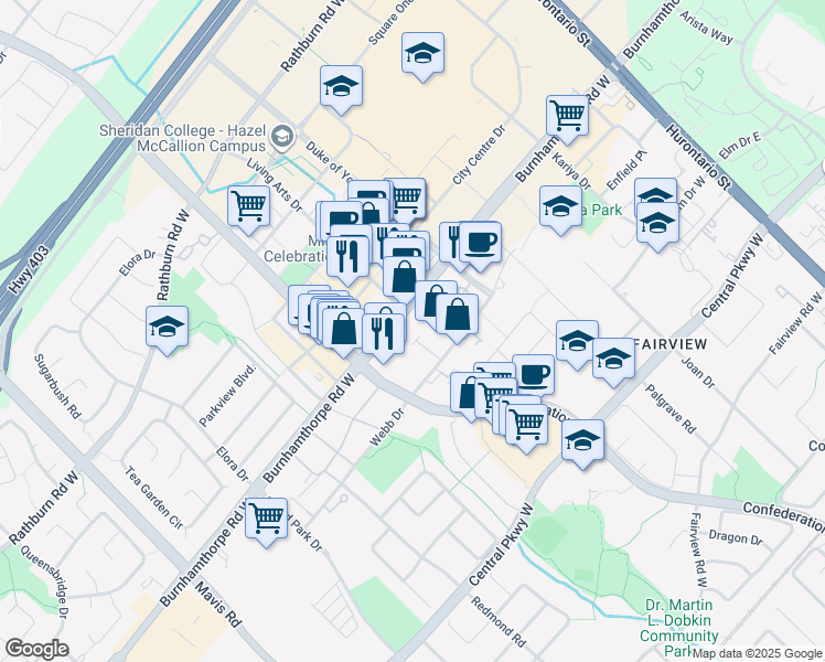 map of restaurants, bars, coffee shops, grocery stores, and more near 335 Webb Drive in Mississauga