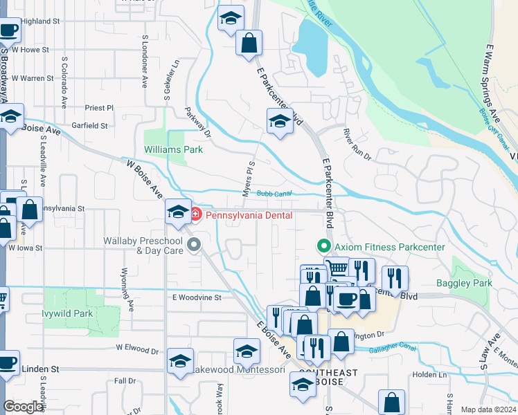 map of restaurants, bars, coffee shops, grocery stores, and more near 2101 South Dorothy Avenue in Boise