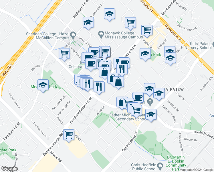 map of restaurants, bars, coffee shops, grocery stores, and more near in Mississauga