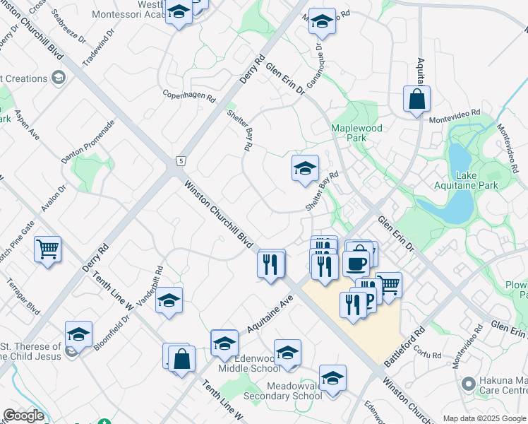 map of restaurants, bars, coffee shops, grocery stores, and more near in Mississauga