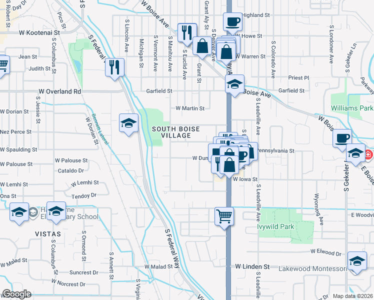 map of restaurants, bars, coffee shops, grocery stores, and more near 1303 West Dundee Street in Boise
