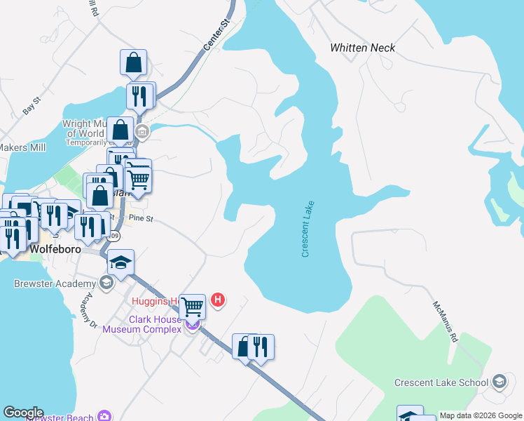 map of restaurants, bars, coffee shops, grocery stores, and more near 45 Millwood Road in Wolfeboro