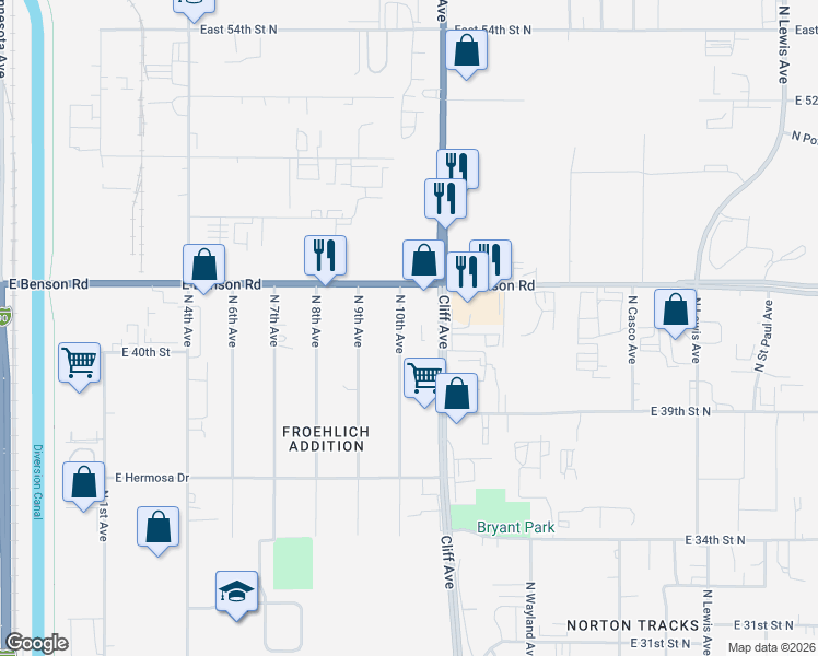 map of restaurants, bars, coffee shops, grocery stores, and more near 3400-3698 N 10th Ave in Sioux Falls