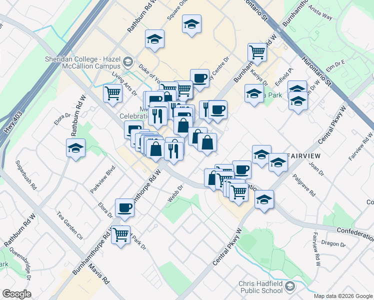 map of restaurants, bars, coffee shops, grocery stores, and more near 330 Burnhamthorpe Road West in Mississauga