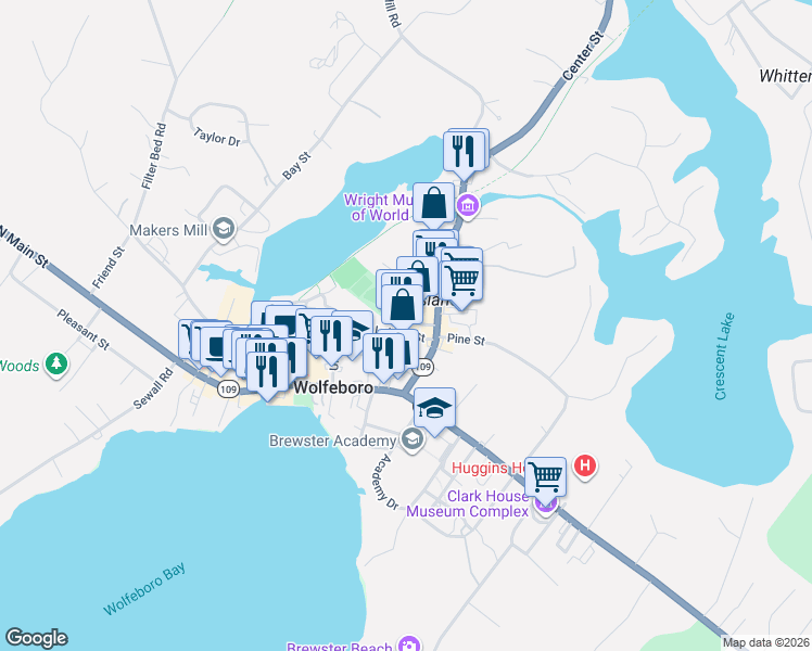 map of restaurants, bars, coffee shops, grocery stores, and more near 104 Lehner Street in Wolfeboro