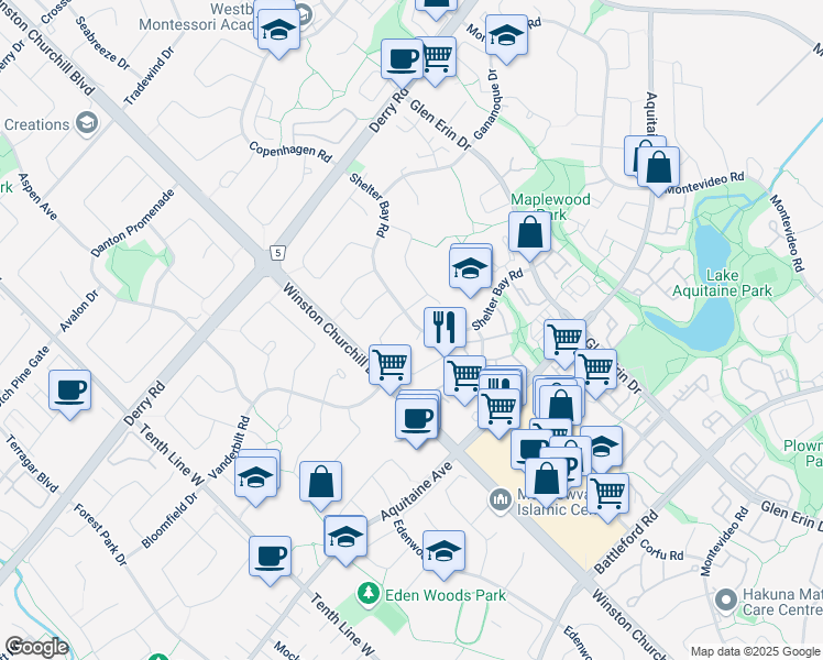 map of restaurants, bars, coffee shops, grocery stores, and more near 2901 Bramshaw Gardens in Mississauga
