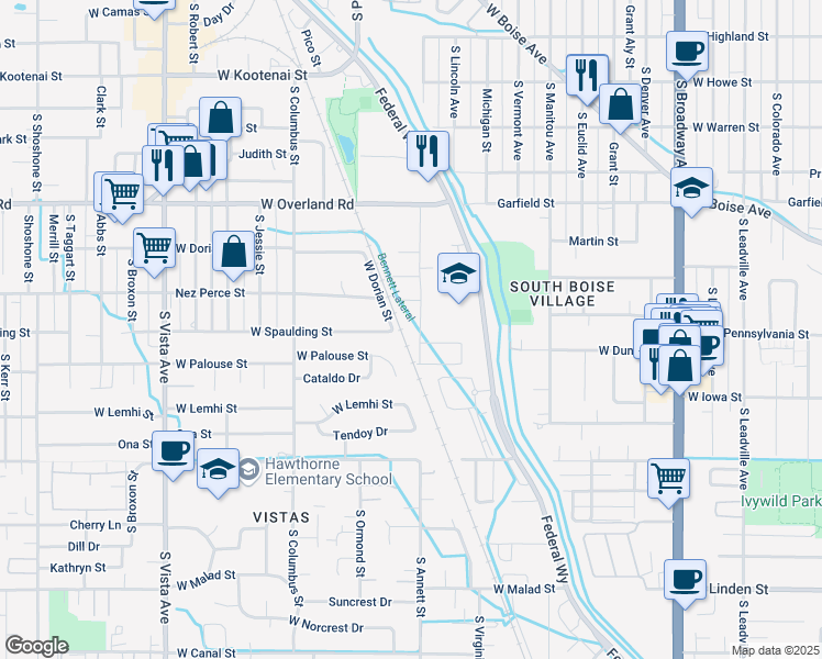 map of restaurants, bars, coffee shops, grocery stores, and more near 1895 South Annett Street in Boise