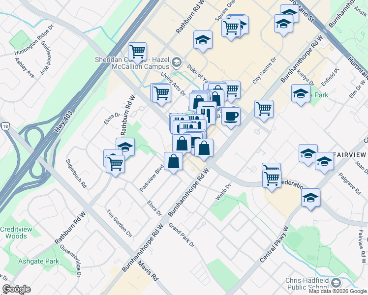 map of restaurants, bars, coffee shops, grocery stores, and more near 4070 Confederation Parkway in Mississauga
