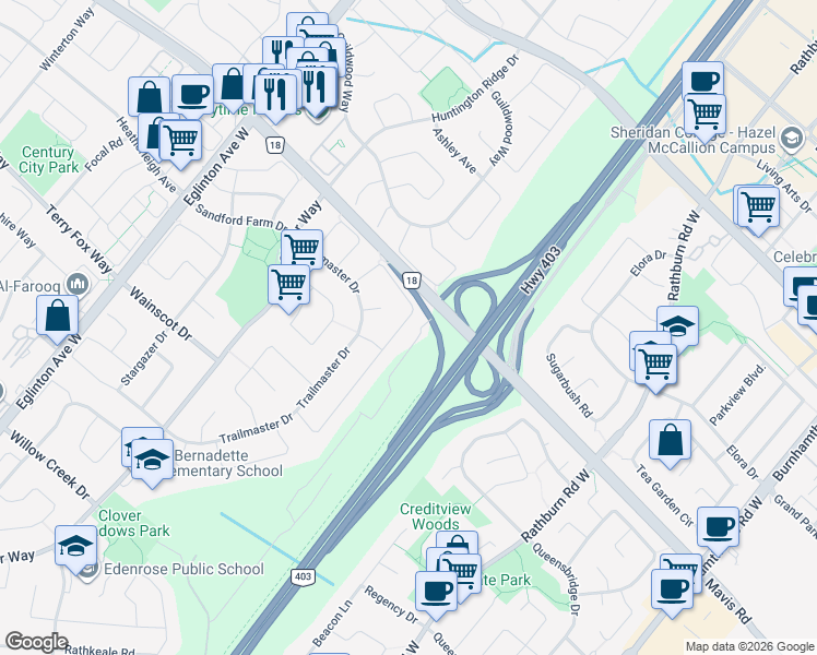map of restaurants, bars, coffee shops, grocery stores, and more near 4238 Goldenrod Crescent in Mississauga