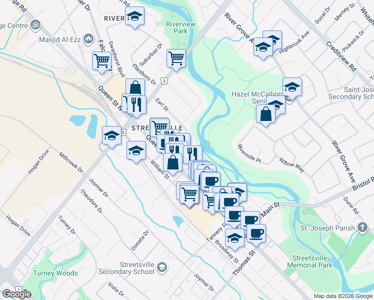 map of restaurants, bars, coffee shops, grocery stores, and more near 85 Church Street in Mississauga