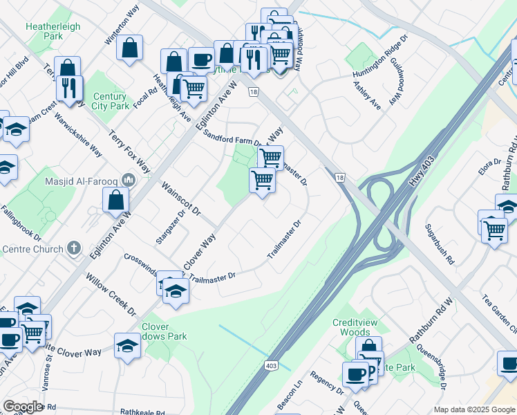 map of restaurants, bars, coffee shops, grocery stores, and more near 824 White Clover Way in Mississauga