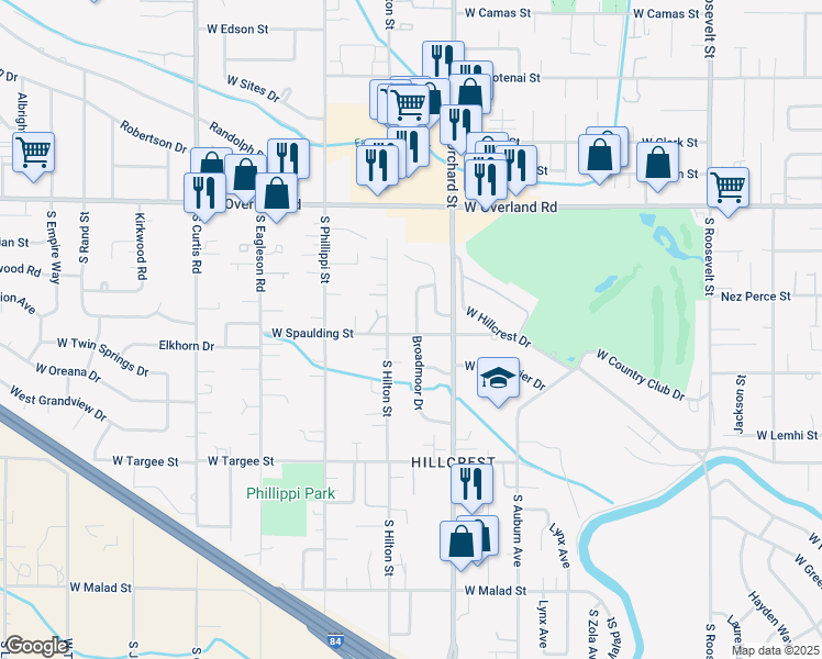 map of restaurants, bars, coffee shops, grocery stores, and more near 1847 Broadmoor Drive in Boise