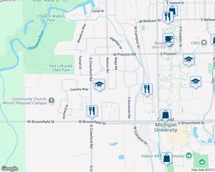 map of restaurants, bars, coffee shops, grocery stores, and more near 1560 Watson Road in Mount Pleasant
