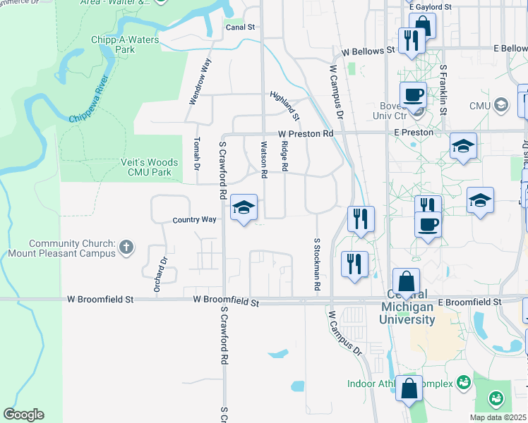 map of restaurants, bars, coffee shops, grocery stores, and more near 1560 Watson Road in Mount Pleasant