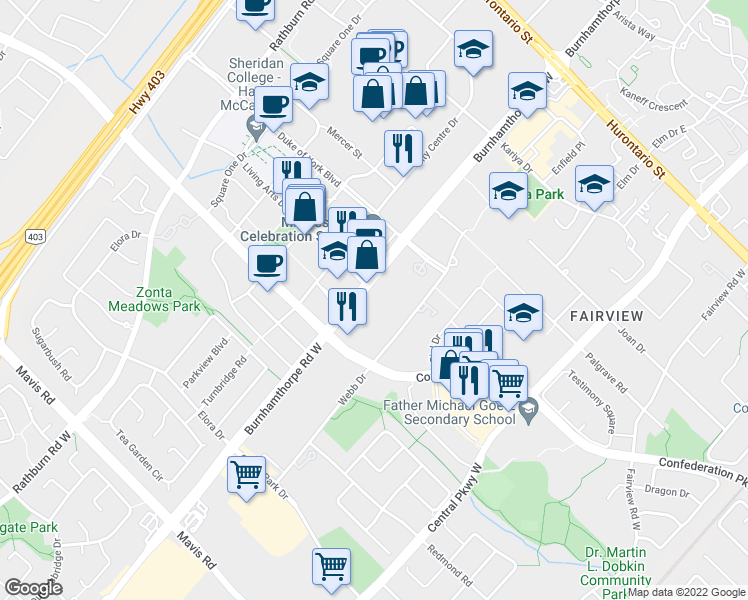 map of restaurants, bars, coffee shops, grocery stores, and more near 330 Burnhamthorpe Road West in Mississauga