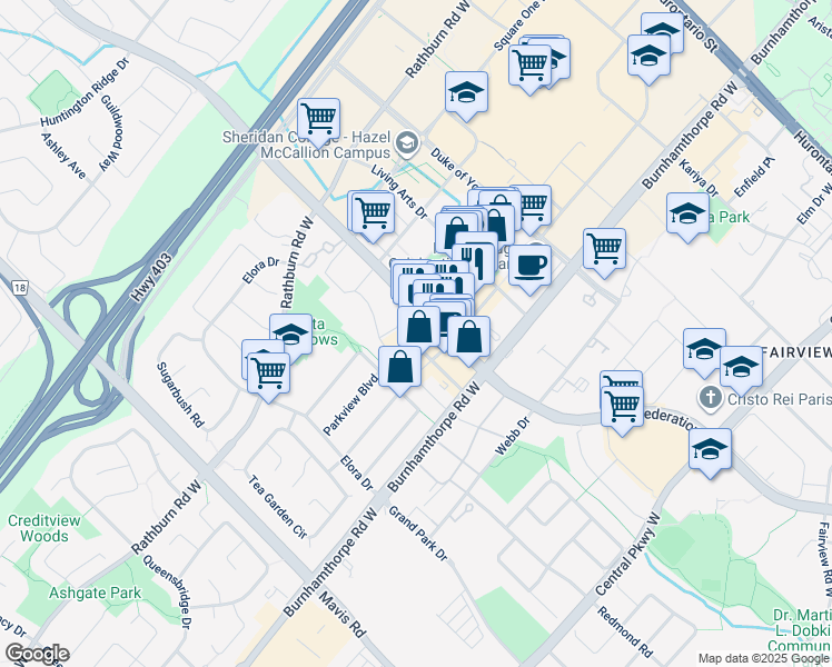 map of restaurants, bars, coffee shops, grocery stores, and more near 4099 Brickstone Mews in Mississauga