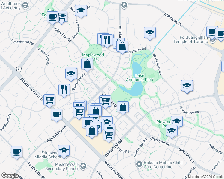 map of restaurants, bars, coffee shops, grocery stores, and more near 2770 Aquitaine Avenue in Mississauga