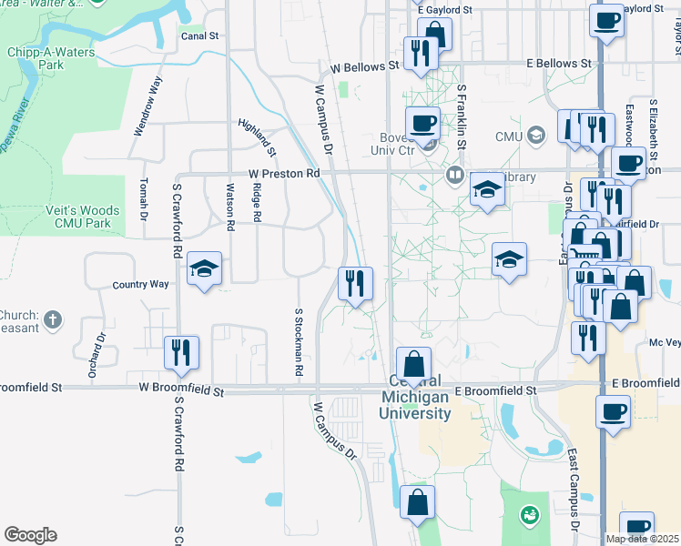map of restaurants, bars, coffee shops, grocery stores, and more near W Campus Dr in Mt Pleasant