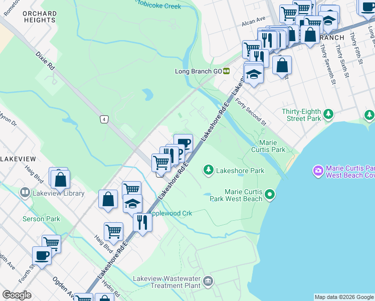map of restaurants, bars, coffee shops, grocery stores, and more near 1011 Deta Road in Mississauga